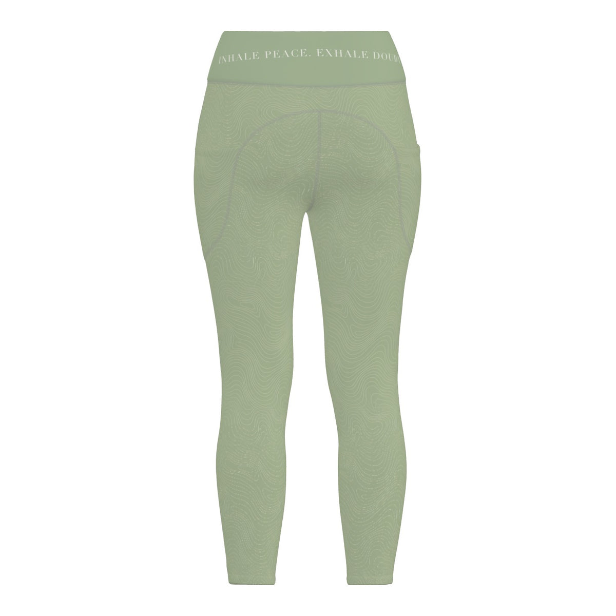 Breath Lines Sage leggings, back view with INHALE PEACE. EXHALE DOUBT. on the waistband