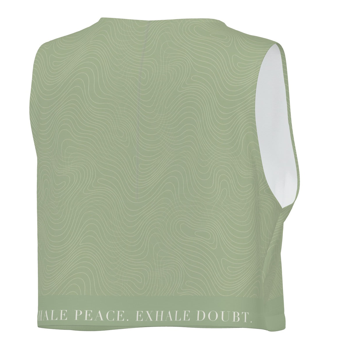 Breath Lines Sage crop tank, back view with INHALE PEACE. EXHALE DOUBT. on the hem band