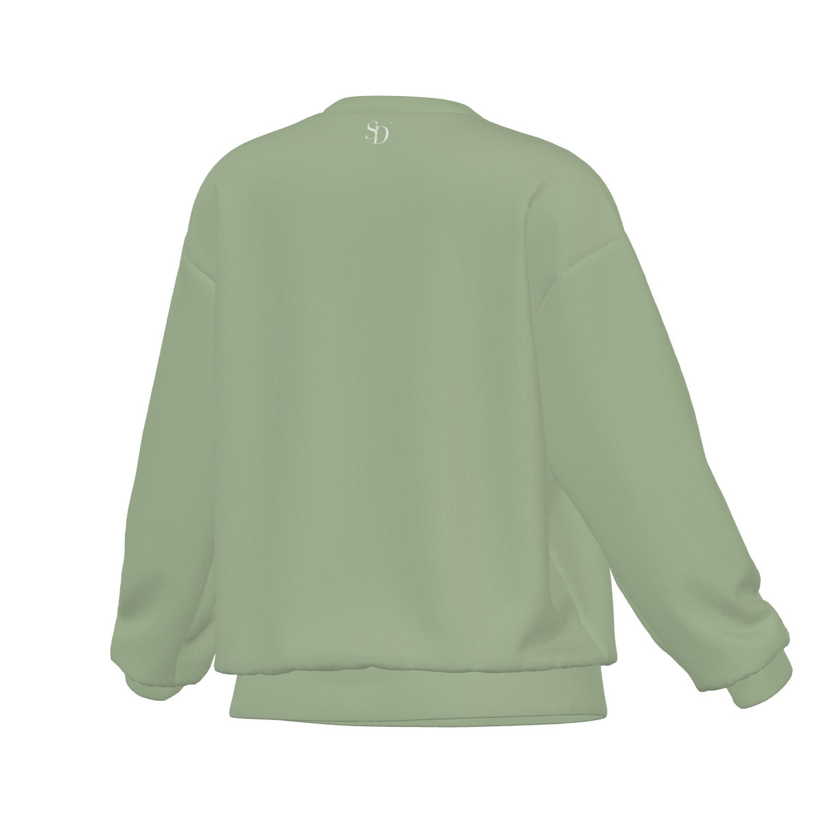 Breathe. Begin Again. sage crewneck, back view with small SD below the neckline