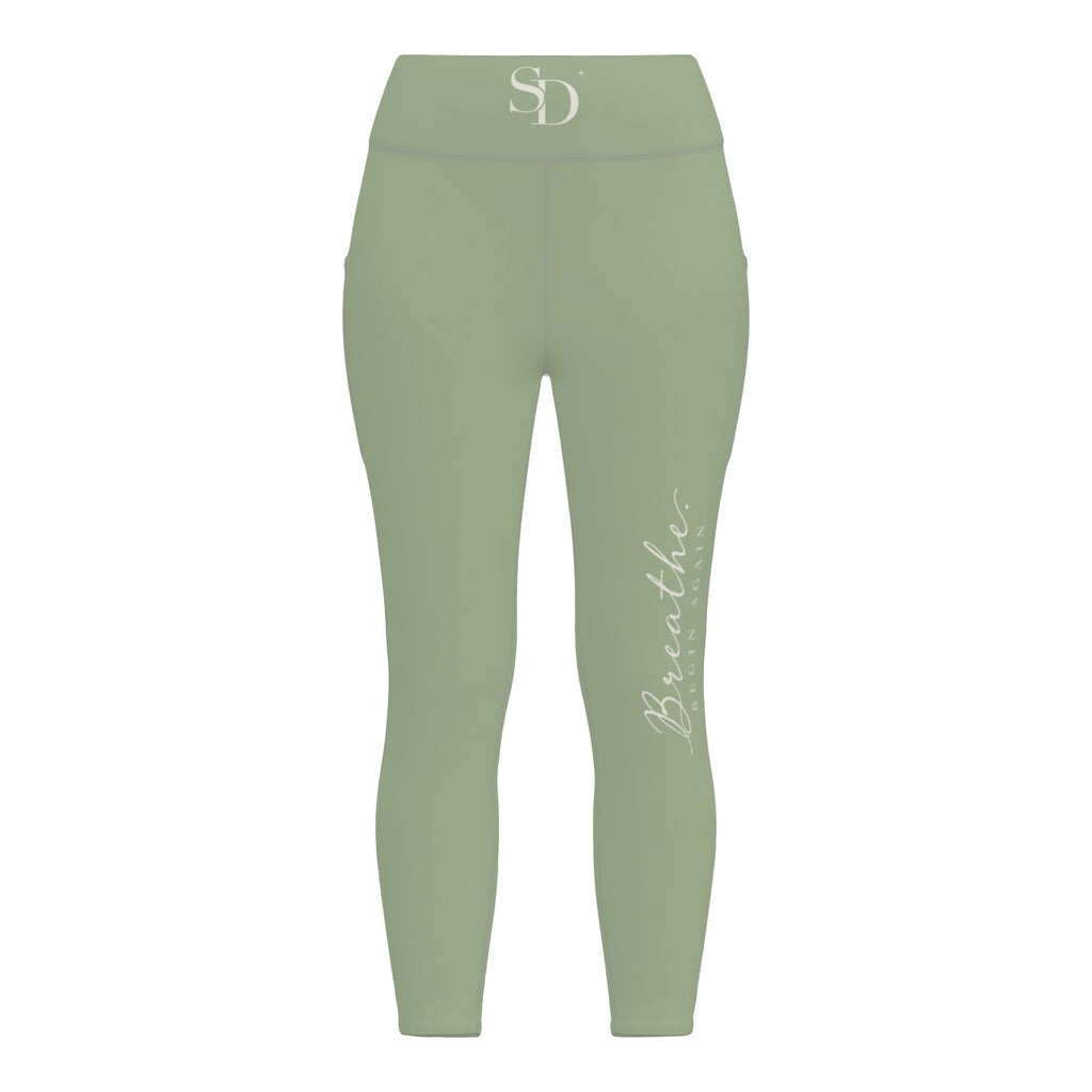Breathe. Begin Again. sage leggings, front detail with SD waistband and thigh script