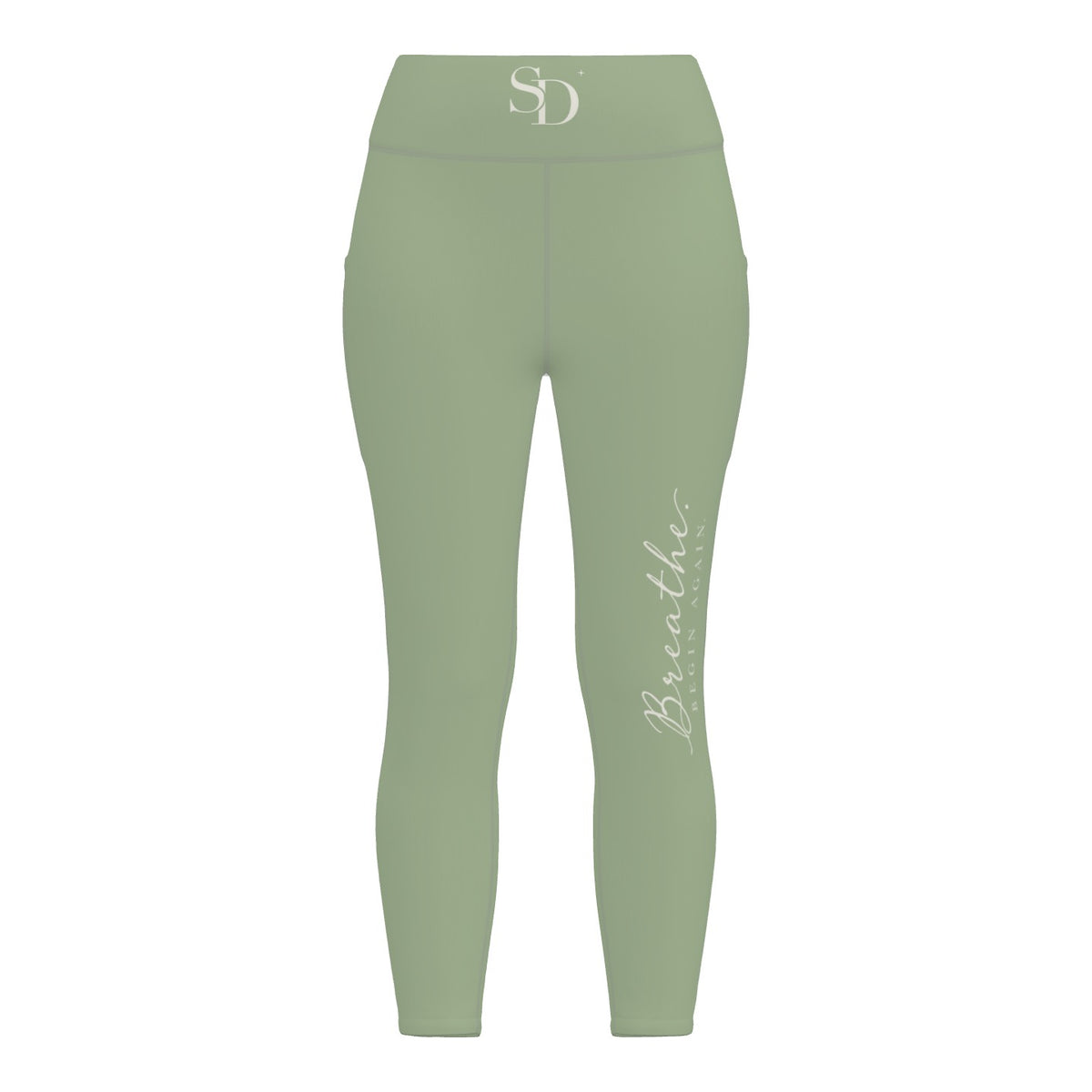 Breathe. Begin Again. sage leggings, front detail with SD waistband and thigh script