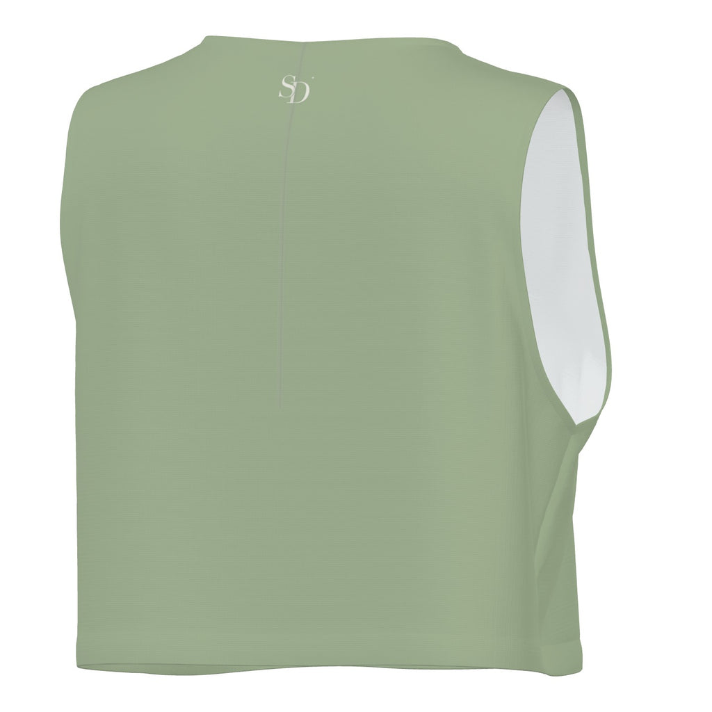 Breathe. Begin Again. sage crop tank, back view with small SD below the neckline