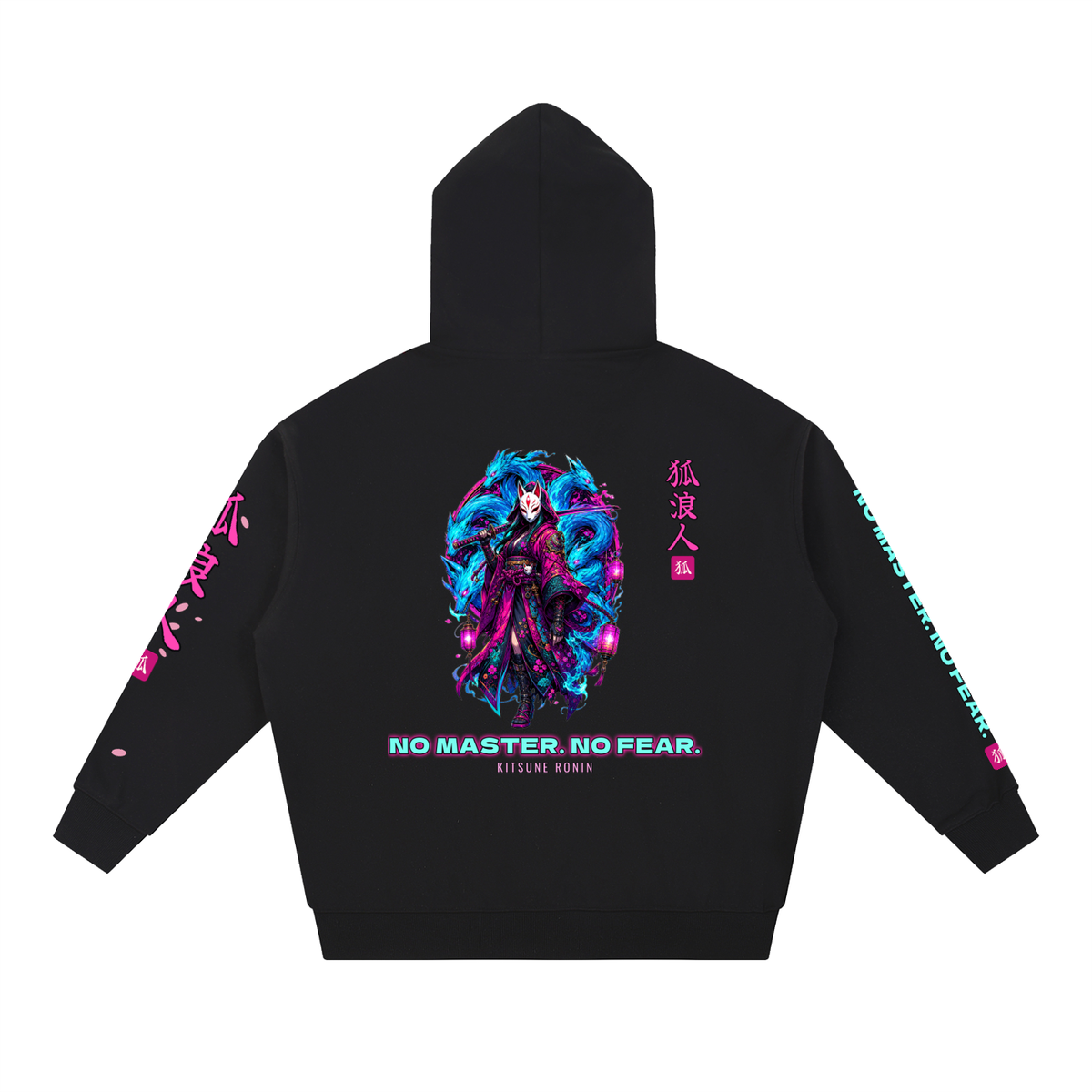 Kitsune Ronin Hoodie | Fox Mask Female Samurai Japanese Graphic Hoodie, Back & Sleeve Print