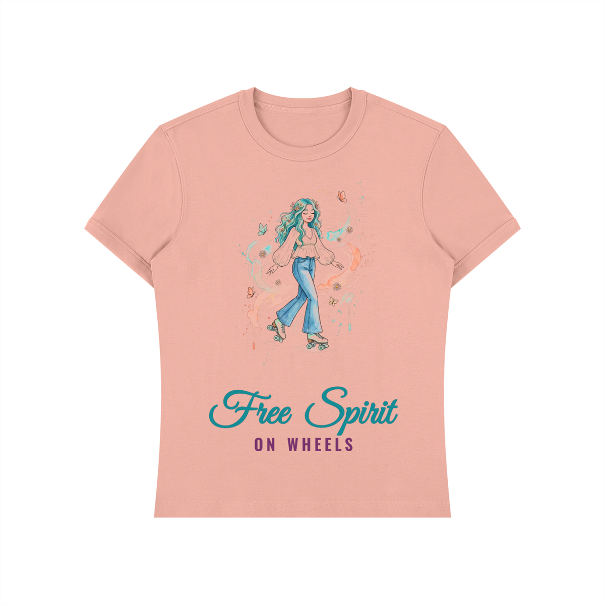 Free Spirit On Wheels Shirt, Boho Roller Skate Tee, Watercolor Roller Girl Gift