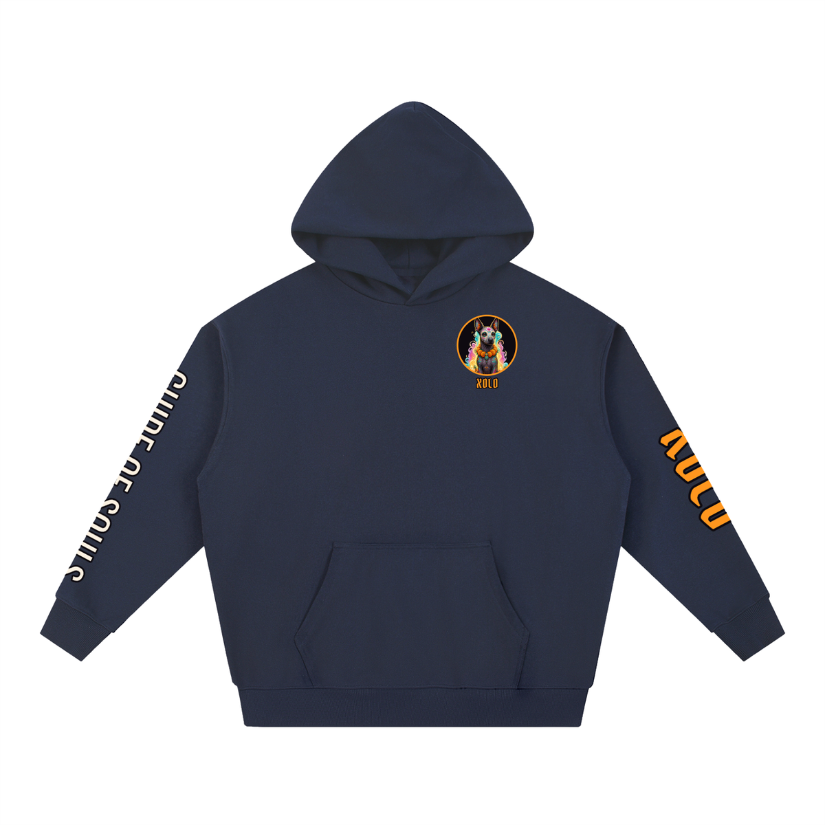 Xolo Hoodie | Xoloitzcuintle Spirit Dog Día de los Muertos Graphic Hoodie, Back & Sleeve Print