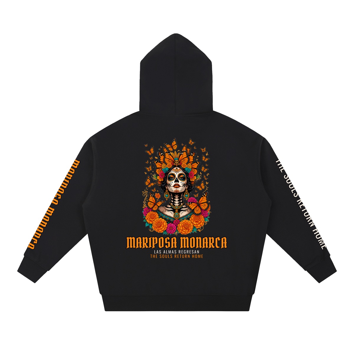 Mariposa Monarca Hoodie | Monarch Butterfly Catrina Día de los Muertos Graphic Hoodie, Back & Sleeve Print