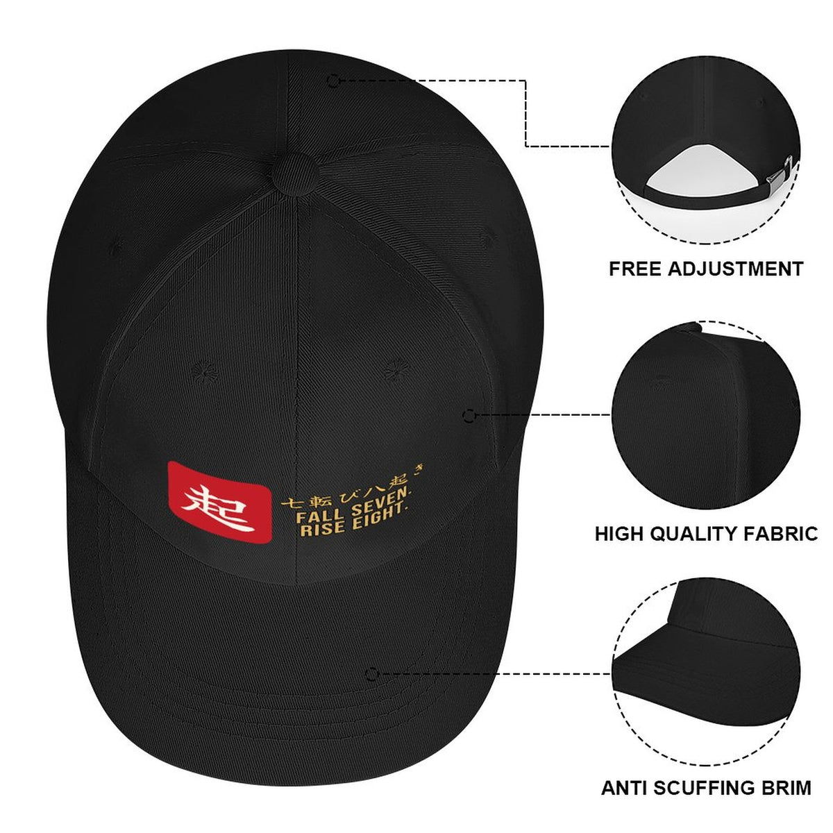 Fall Seven Rise Eight Samurai Cap | Japanese Proverb Kanji Baseball Hat, Motivational Streetwear Dad Hat