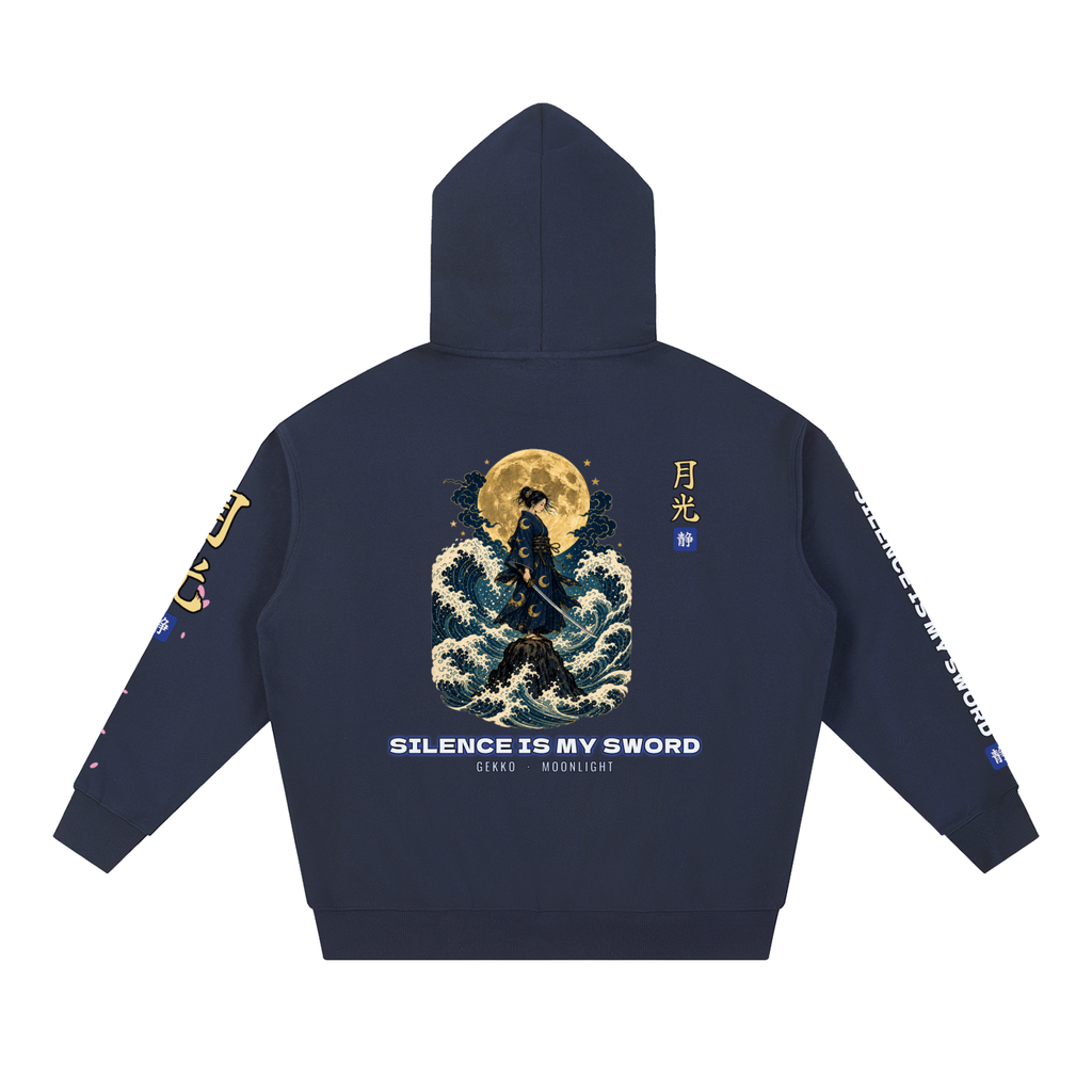 Moonlight Samurai Hoodie | Silence Is My Sword Japanese Wave Graphic Hoodie, Back & Sleeve Print