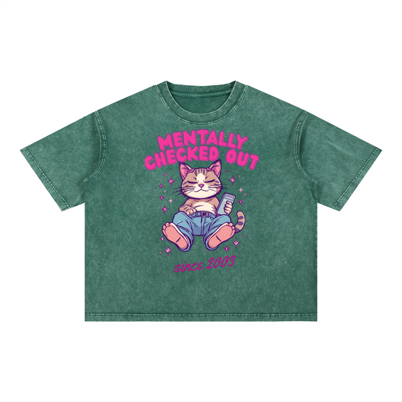 Mentally Checked Out | Funny Cat Boxy Washed T-Shirt