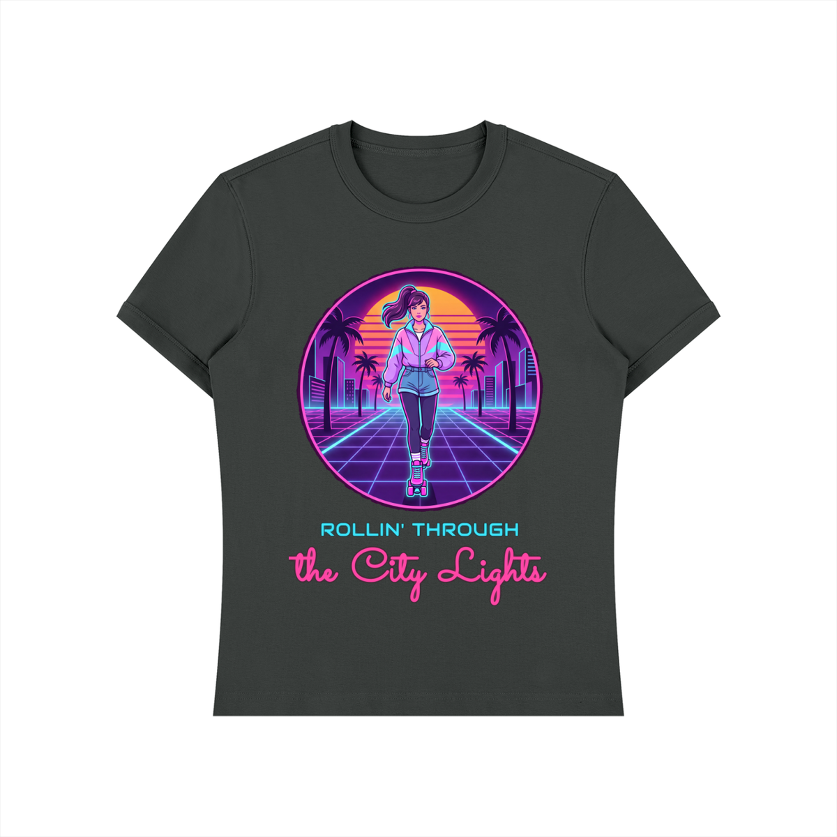 Rollin Through The City Lights Shirt, 80s Synthwave Roller Skate Tee, Retro Skating Gift
