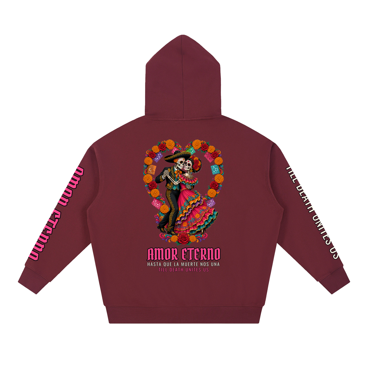 Amor Eterno Hoodie | Skeleton Couple Dancing Día de los Muertos Graphic Hoodie, Back & Sleeve Print