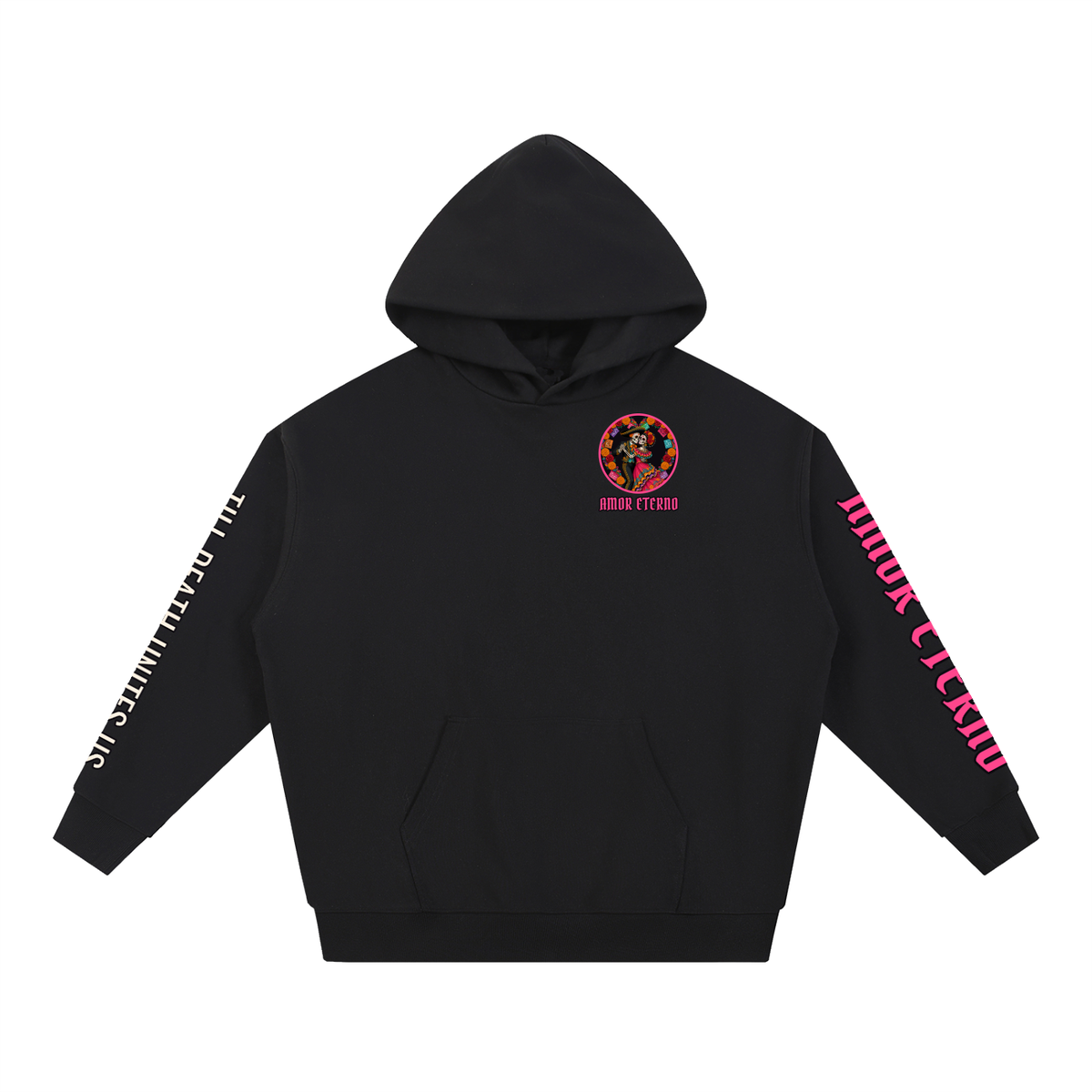 Amor Eterno Hoodie | Skeleton Couple Dancing Día de los Muertos Graphic Hoodie, Back & Sleeve Print
