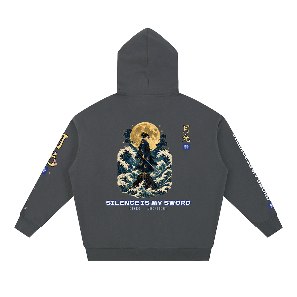 Moonlight Samurai Hoodie | Silence Is My Sword Japanese Wave Graphic Hoodie, Back & Sleeve Print