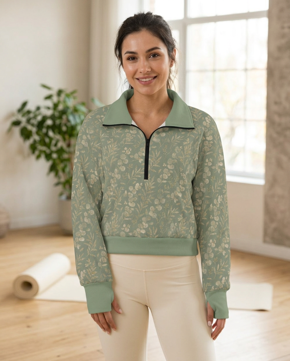 Woman wearing the Eucalyptus Gold half-zip fleece pullover in a sunlit yoga studio
