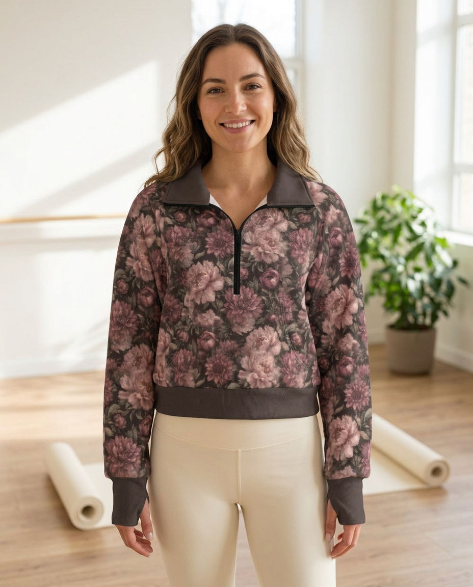 Woman wearing the Midnight Peony half-zip fleece pullover in a sunlit yoga studio