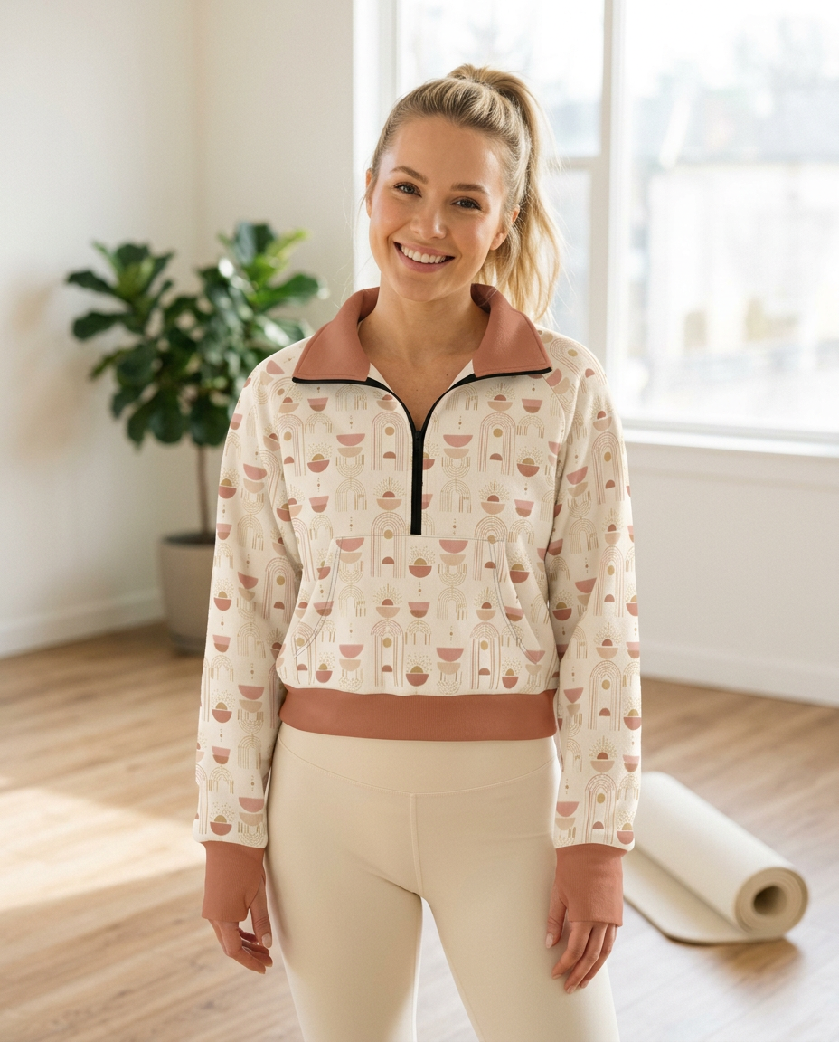 Woman wearing the Sunrise Arches half-zip fleece pullover in a sunlit yoga studio