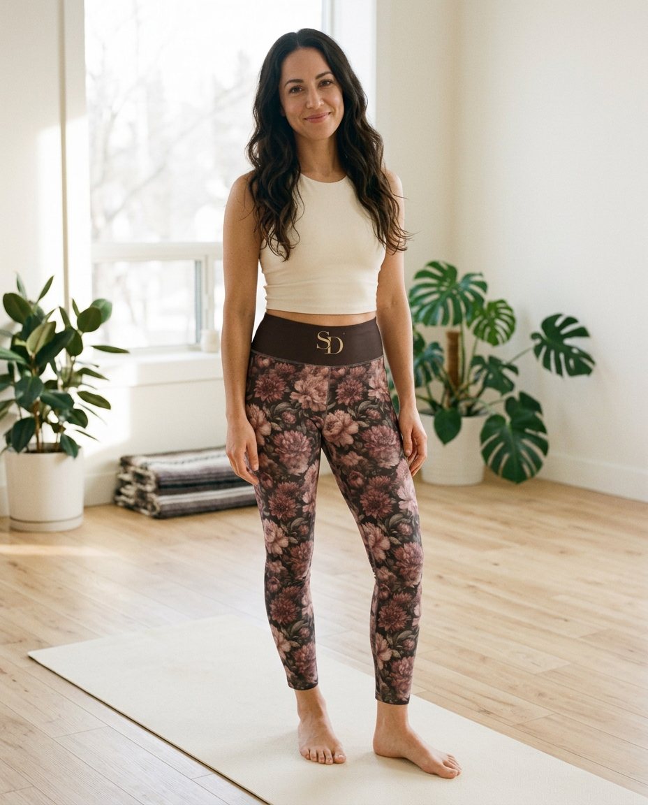 Woman wearing the Midnight Peony high-waisted yoga leggings on a yoga mat