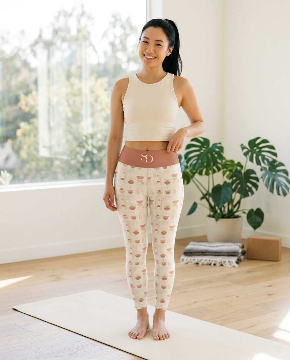 Woman wearing the Sunrise Arches high-waisted yoga leggings on a yoga mat