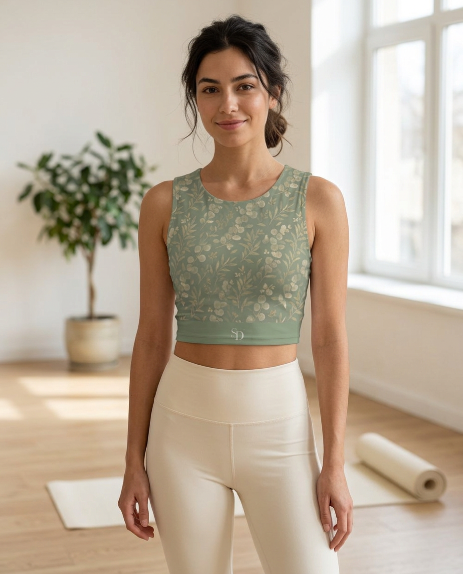 Woman wearing the Eucalyptus Gold yoga crop tank in a sunlit yoga studio
