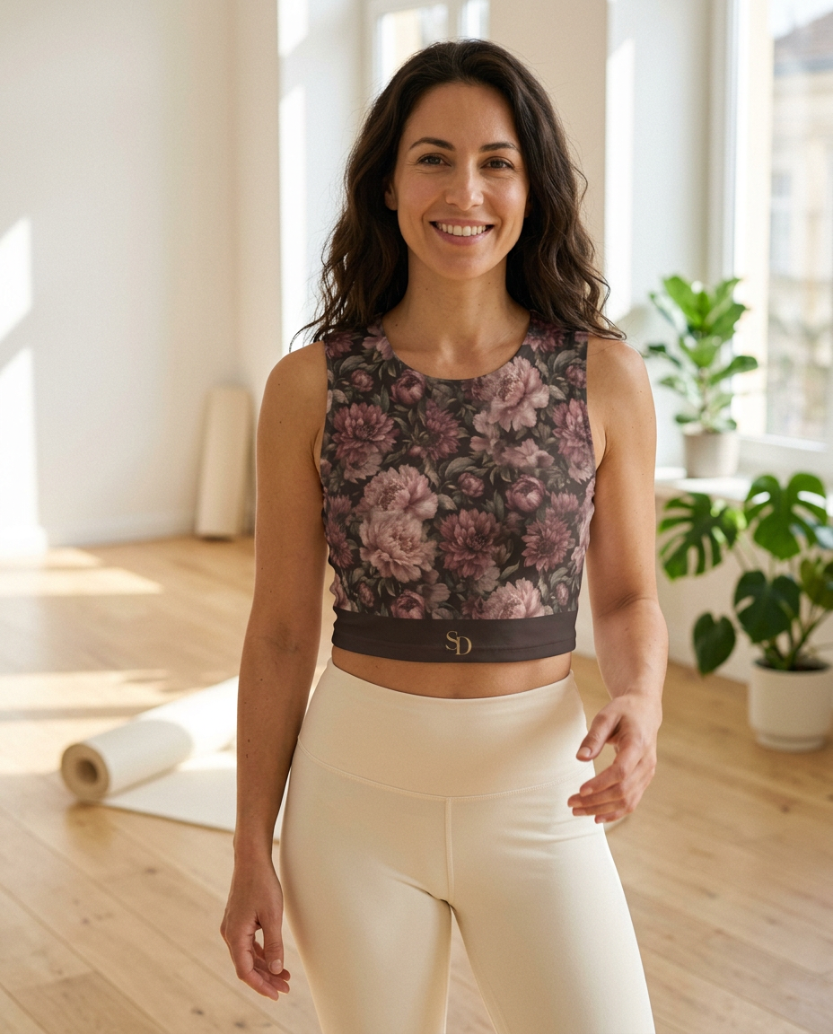 Woman wearing the Midnight Peony yoga crop tank in a sunlit yoga studio