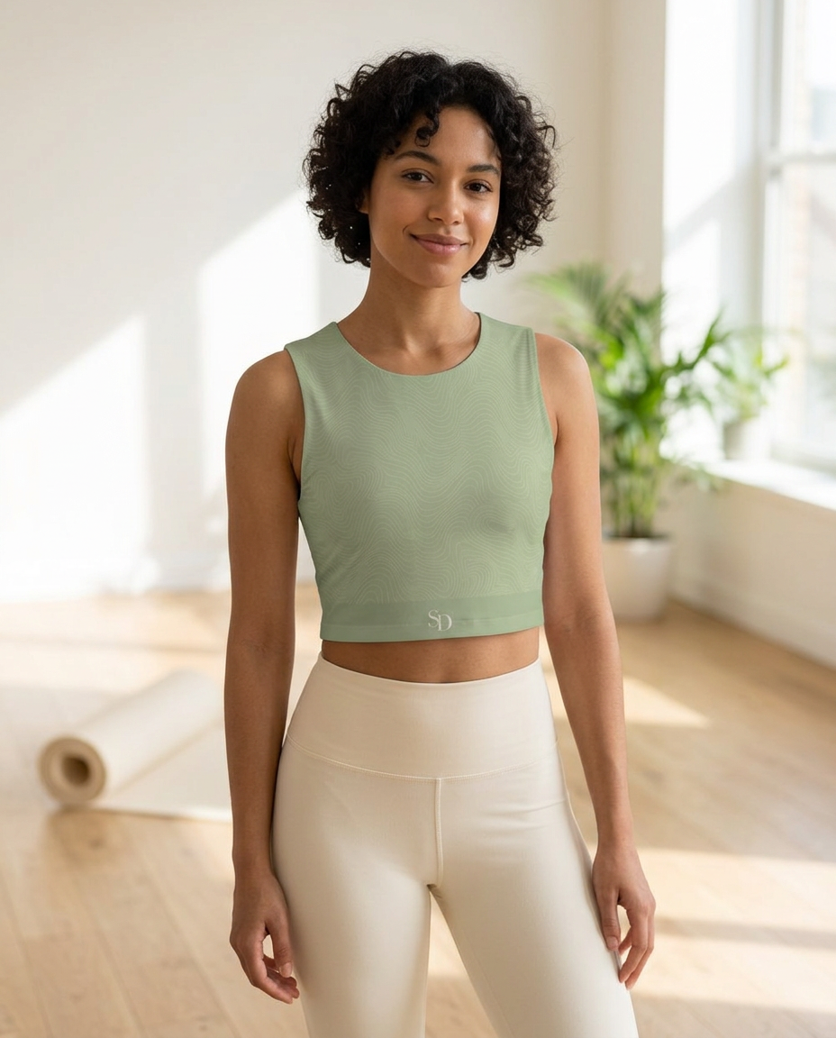 Woman wearing the Breath Lines Sage yoga crop tank in a sunlit yoga studio