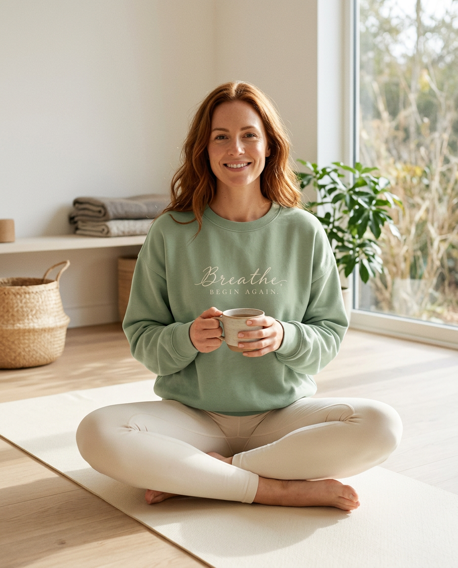 Woman in the Breathe. Begin Again. sage crewneck sweatshirt sitting on a yoga mat with tea