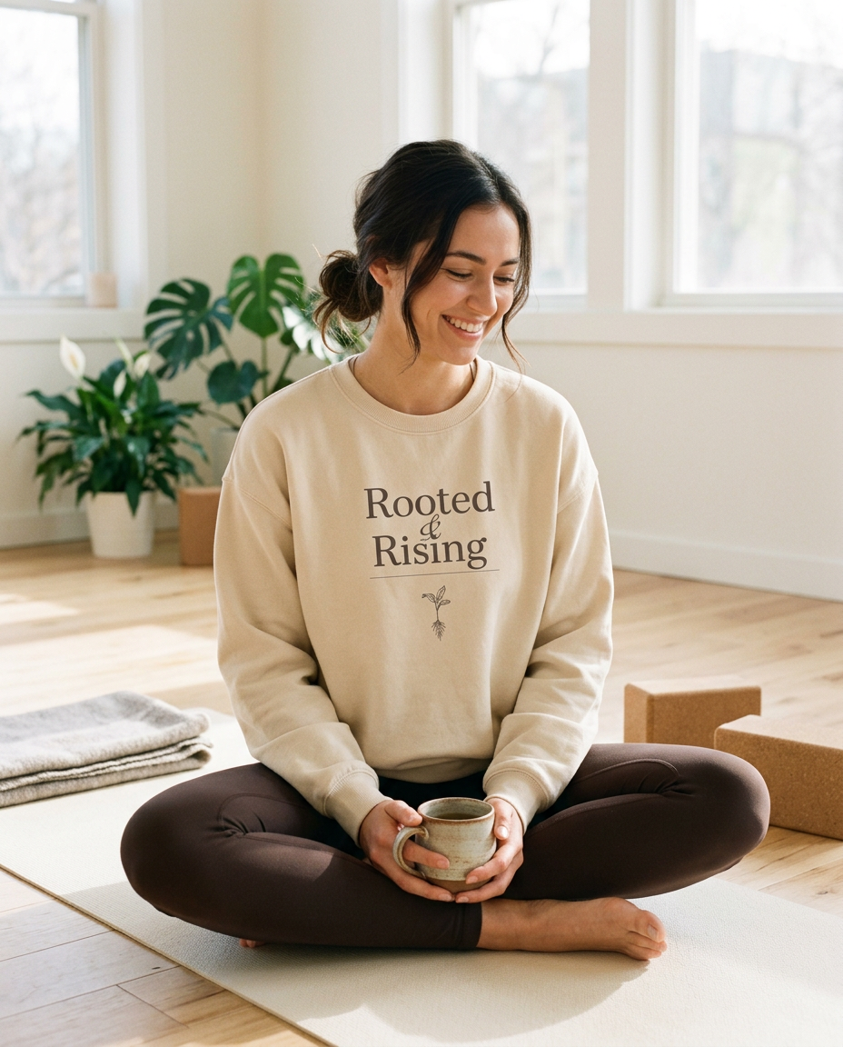 Woman in the Rooted & Rising oat crewneck sweatshirt sitting on a yoga mat with tea