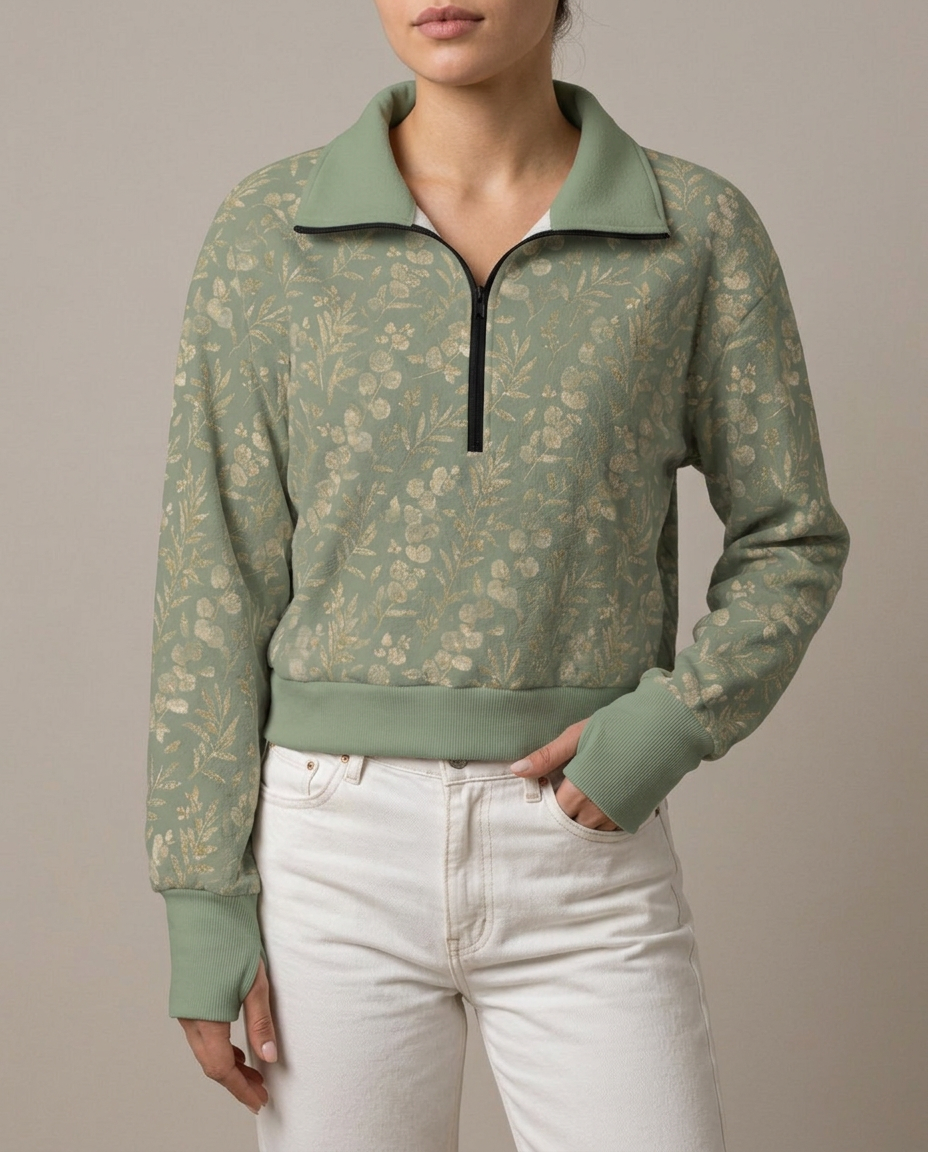 Eucalyptus Gold half-zip fleece pullover, studio front view