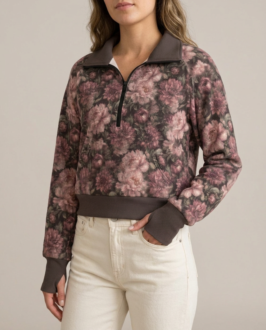 Midnight Peony half-zip fleece pullover, studio front view