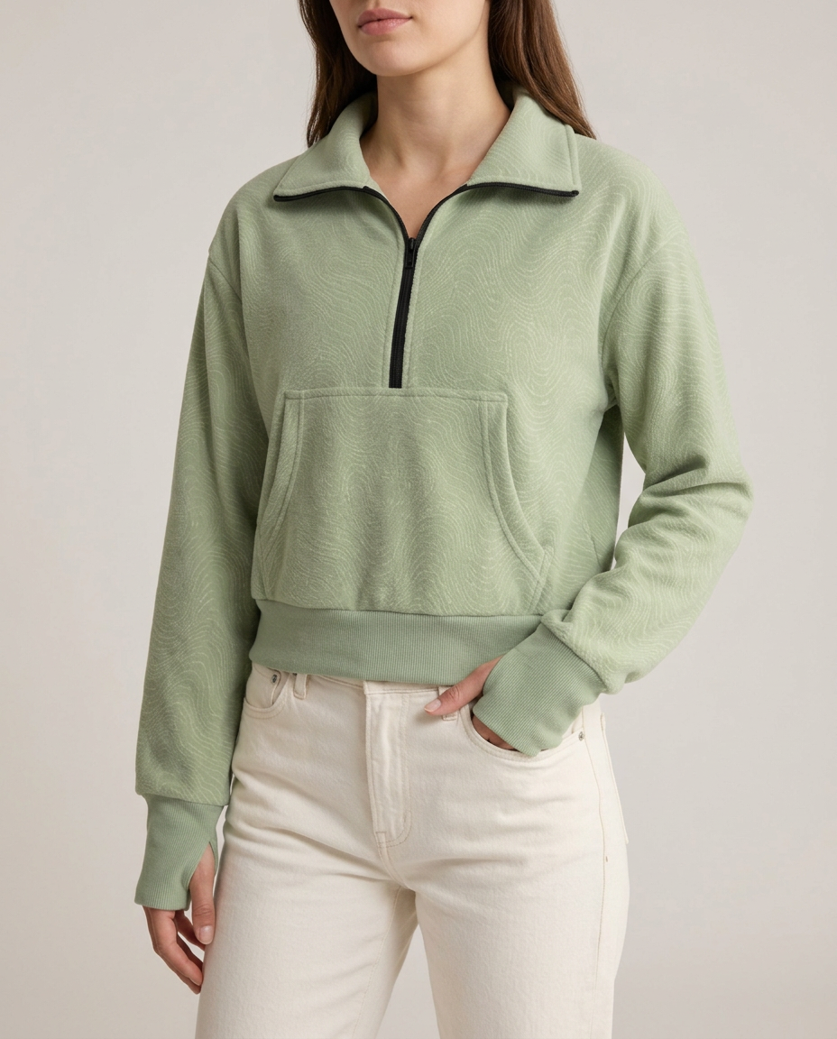 Breath Lines Sage half-zip fleece pullover, studio front view