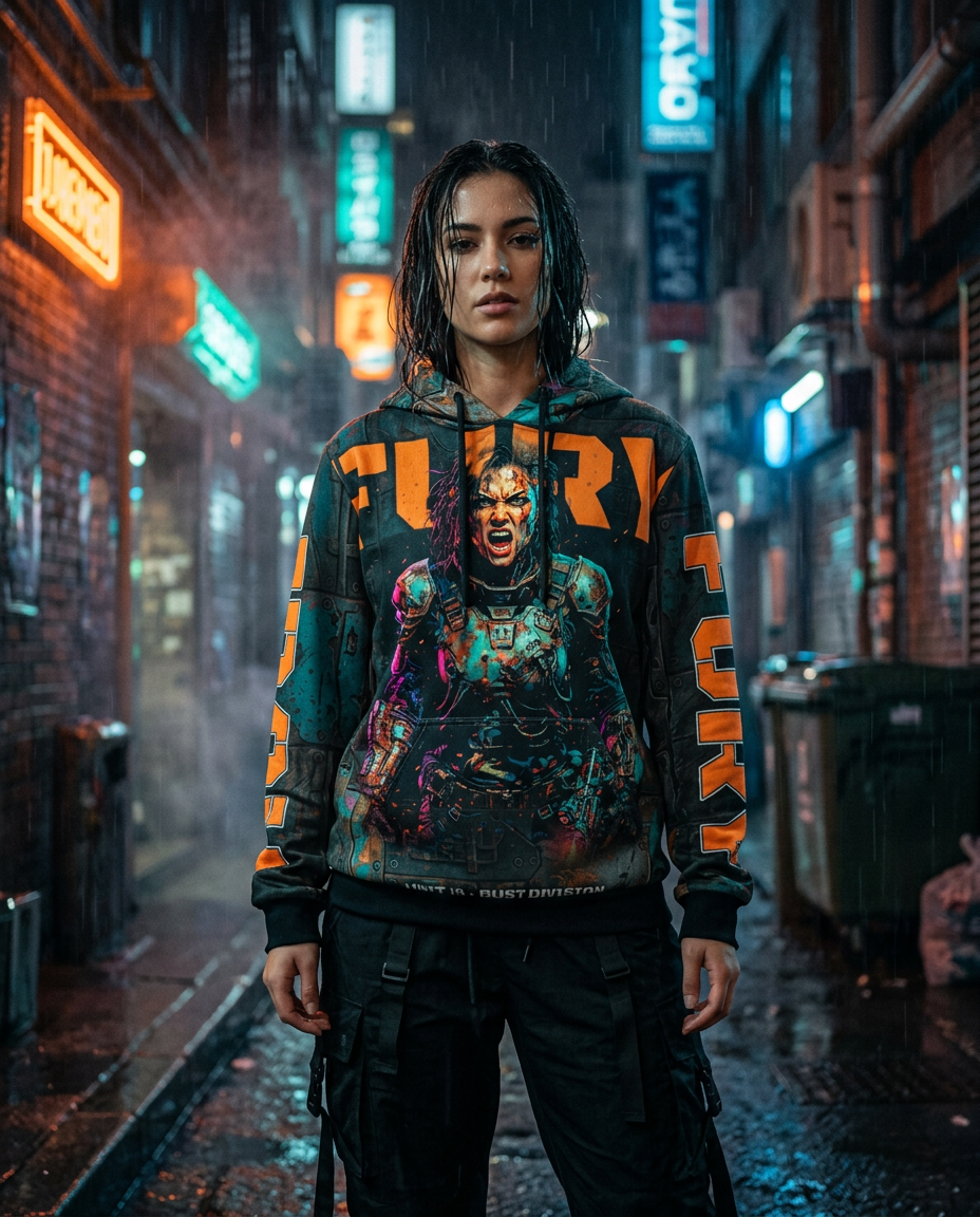 Woman wearing the Iron Fury all-over print hoodie in a rainy neon city alley