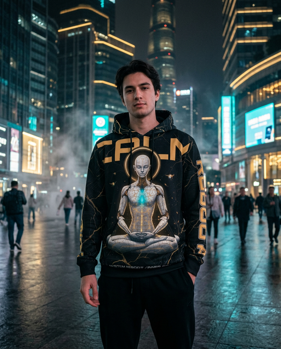 Man wearing the Still Human all-over print hoodie in a futuristic city at night