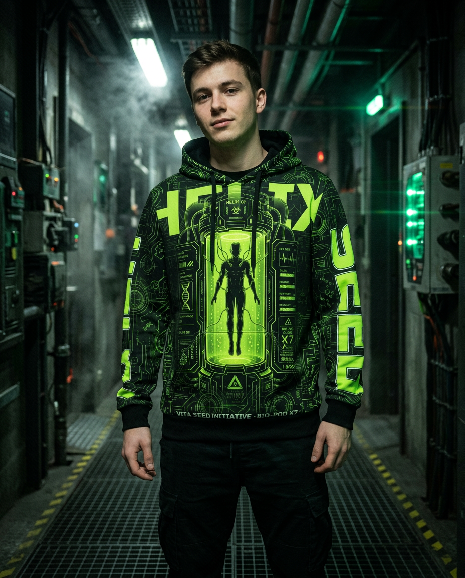 Man wearing the Helix-07 all-over print hoodie in a green-lit sci-fi lab corridor