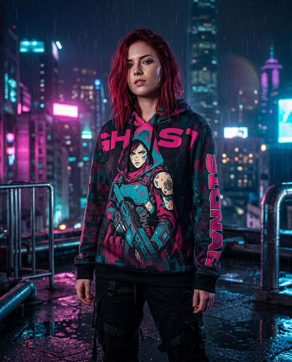 Woman wearing the Ghost Signal all-over print hoodie on a neon city rooftop