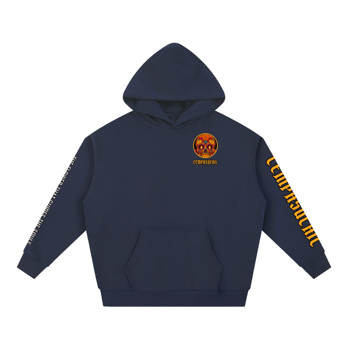 Cempasúchil Hoodie | Marigold Sugar Skull Día de los Muertos Graphic Hoodie, Back & Sleeve Print