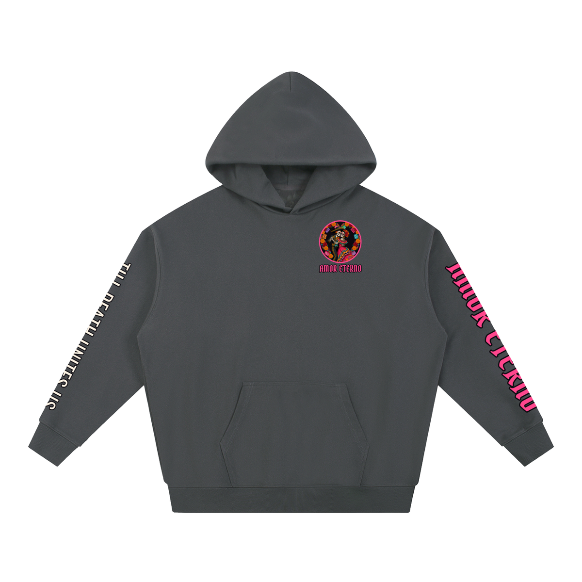 Amor Eterno Hoodie | Skeleton Couple Dancing Día de los Muertos Graphic Hoodie, Back & Sleeve Print