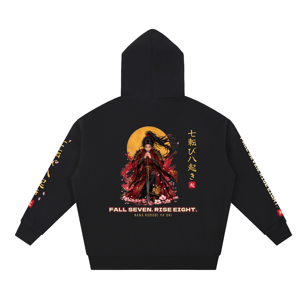Fall Seven Rise Eight Hoodie | Japanese Proverb Female Samurai Graphic Hoodie, Back & Sleeve Print