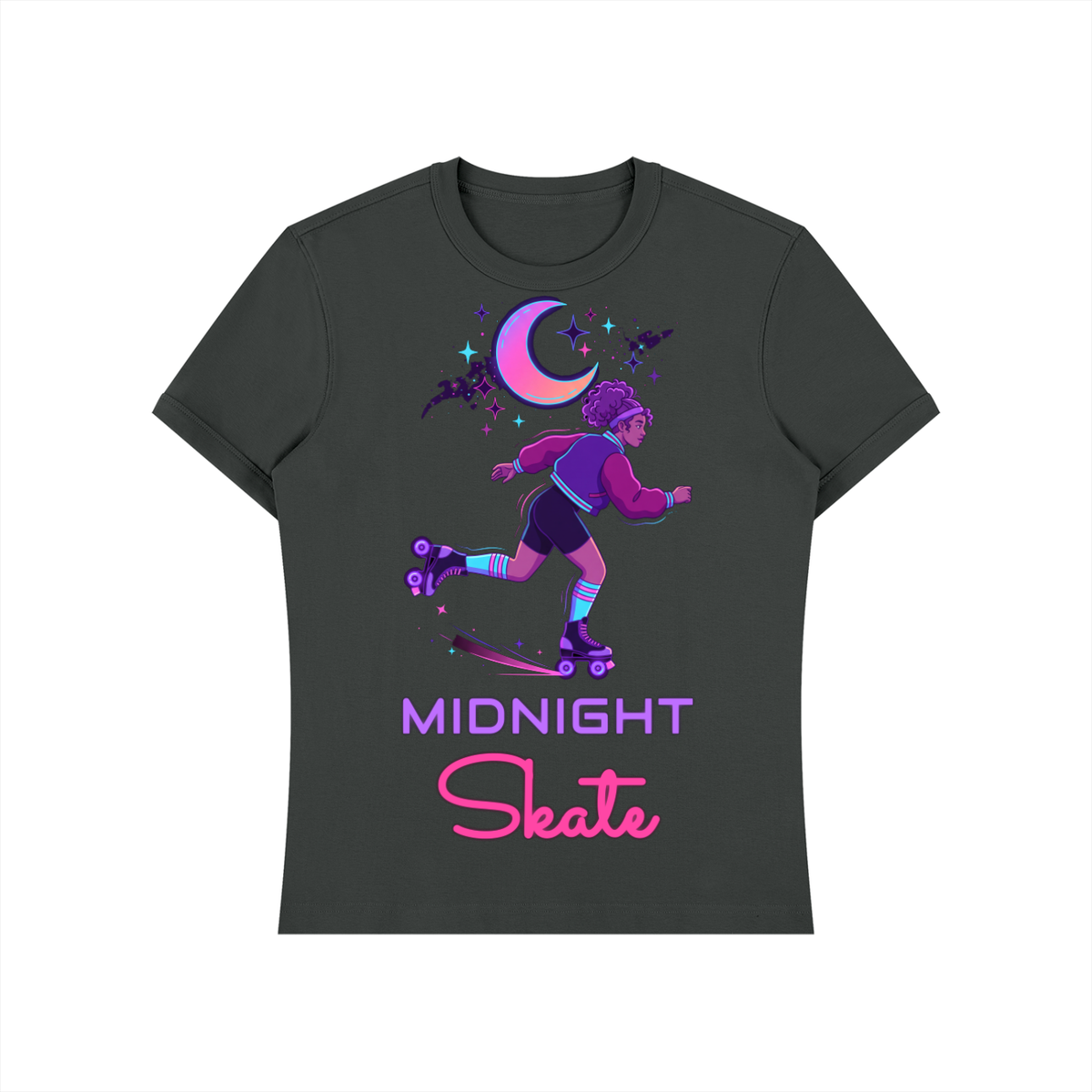 Midnight Skate Shirt, Neon Moon Roller Skate Tee, Retro Synthwave Skating Gift