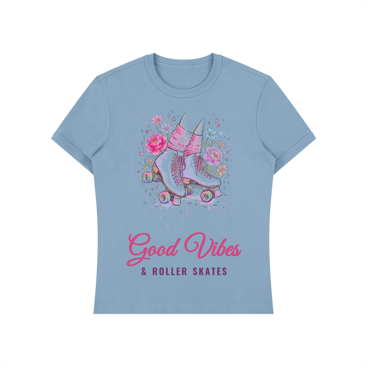 Good Vibes and Roller Skates Shirt, Floral Roller Skate Tee, Cute Skating Gift for Her