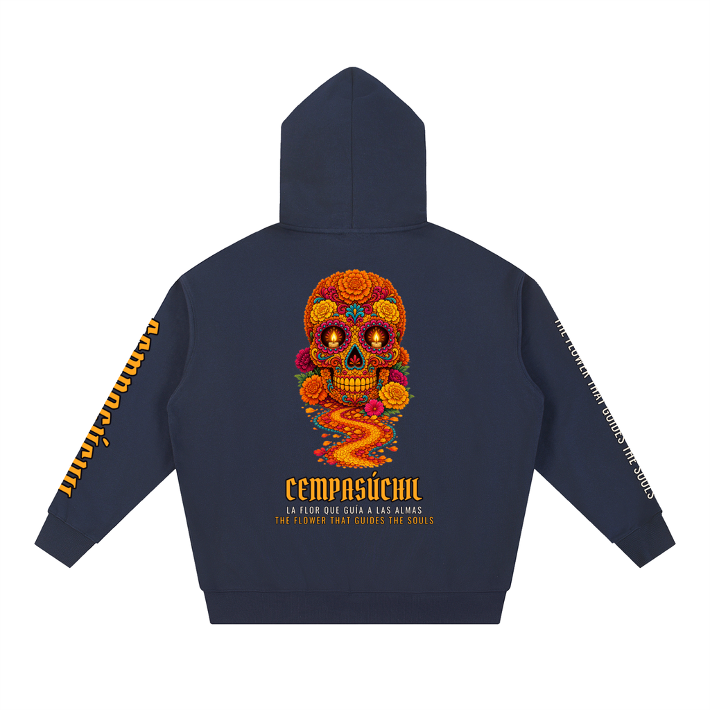 Cempasúchil Hoodie | Marigold Sugar Skull Día de los Muertos Graphic Hoodie, Back & Sleeve Print