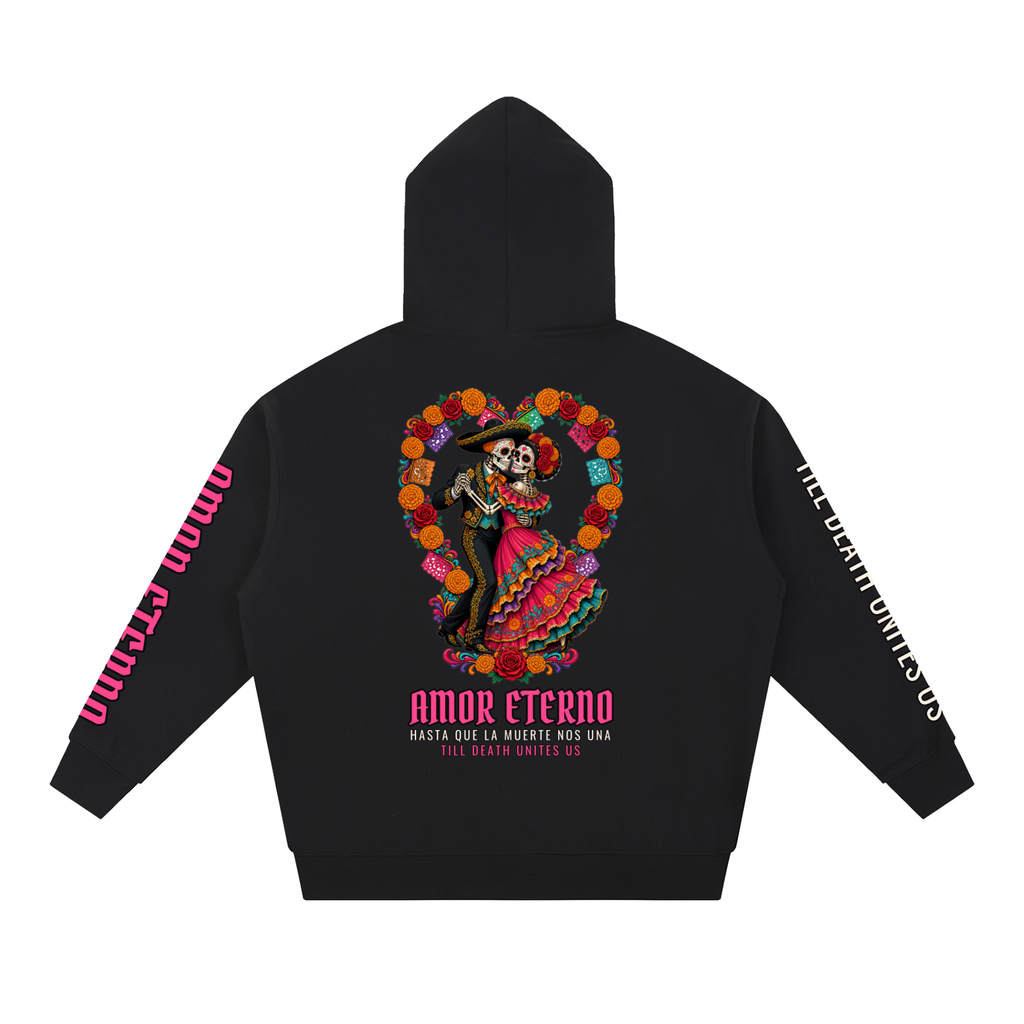 Amor Eterno Hoodie | Skeleton Couple Dancing Día de los Muertos Graphic Hoodie, Back & Sleeve Print
