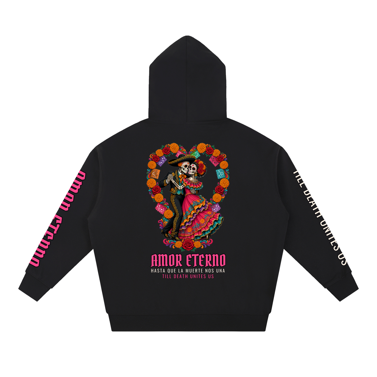 Amor Eterno Hoodie | Skeleton Couple Dancing Día de los Muertos Graphic Hoodie, Back & Sleeve Print