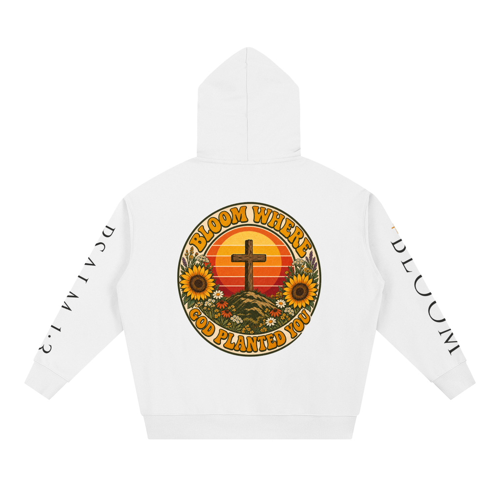 Bloom Where God Planted You Hoodie | Retro Sunset Cross Sweatshirt, Sunflower Christian Faith Hoodie Gift