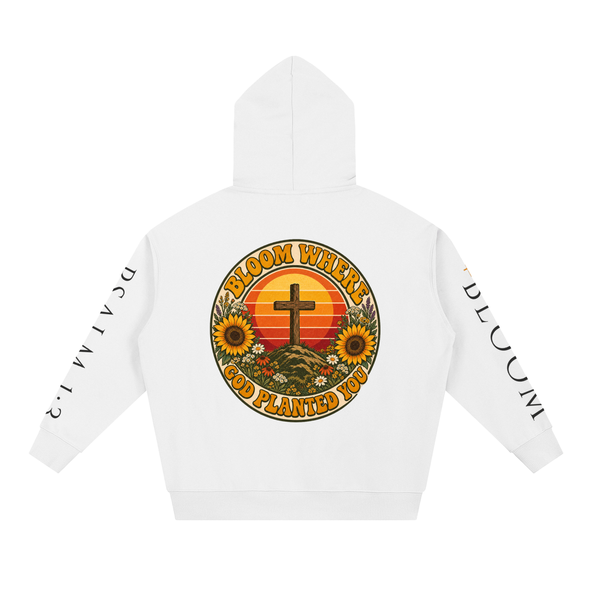 Bloom Where God Planted You Hoodie | Retro Sunset Cross Sweatshirt, Sunflower Christian Faith Hoodie Gift