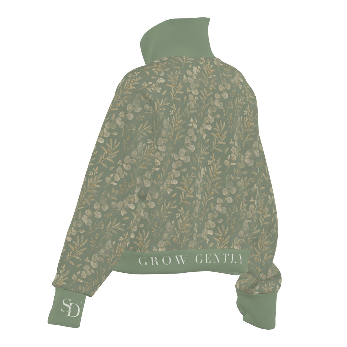 Eucalyptus Gold half-zip, back view with GROW GENTLY on the hem and SD on the cuff