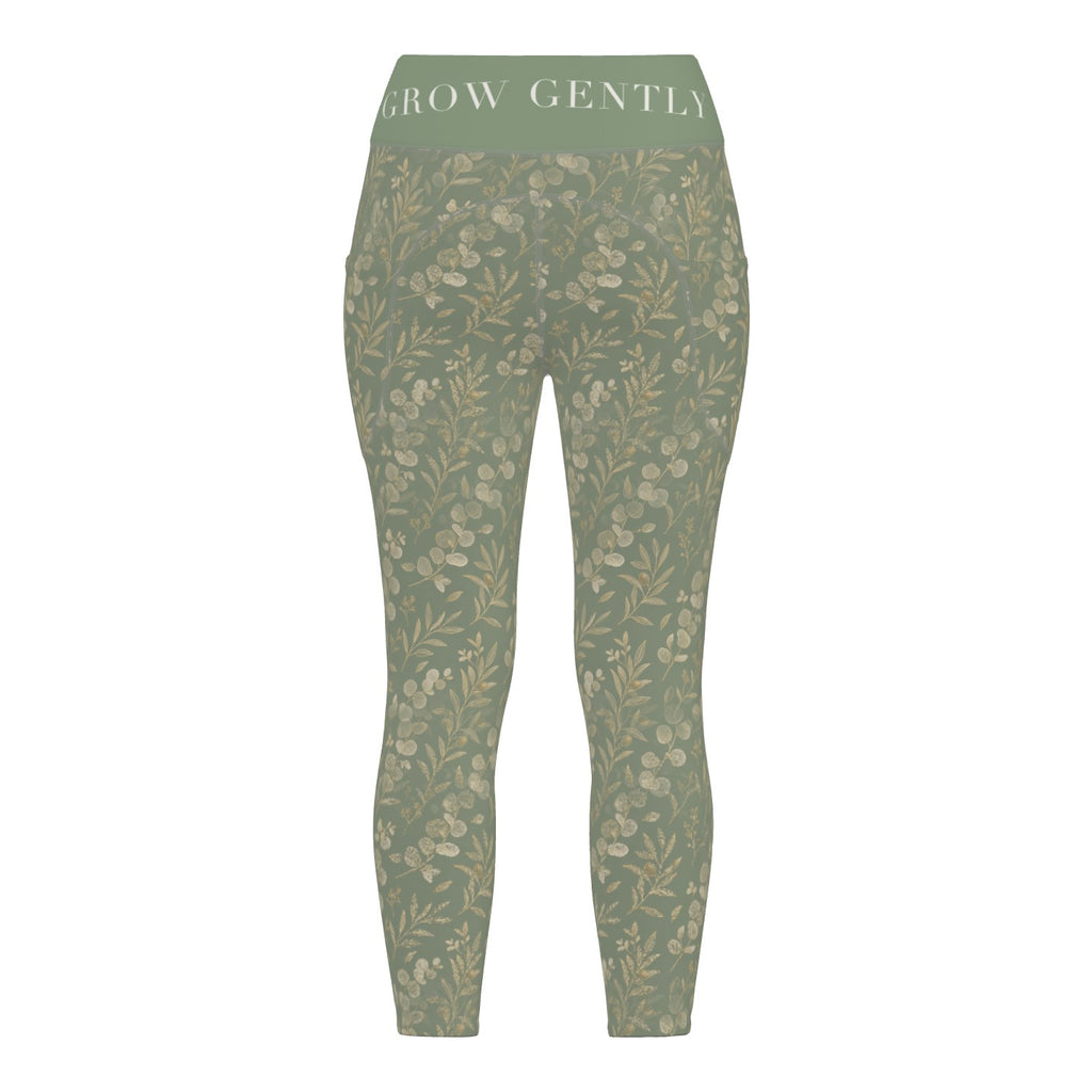 Eucalyptus Gold leggings, back view with GROW GENTLY on the waistband