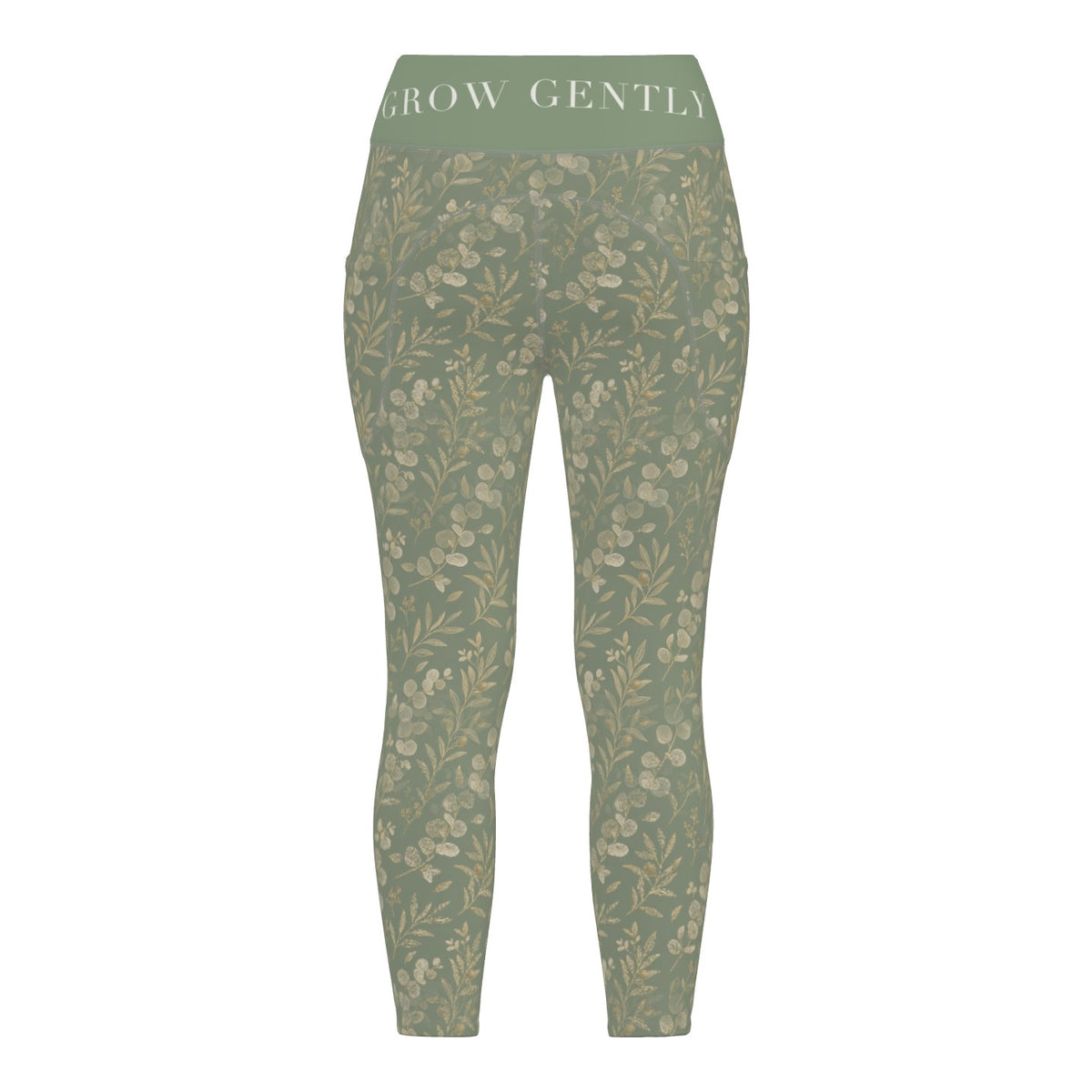 Eucalyptus Gold leggings, back view with GROW GENTLY on the waistband