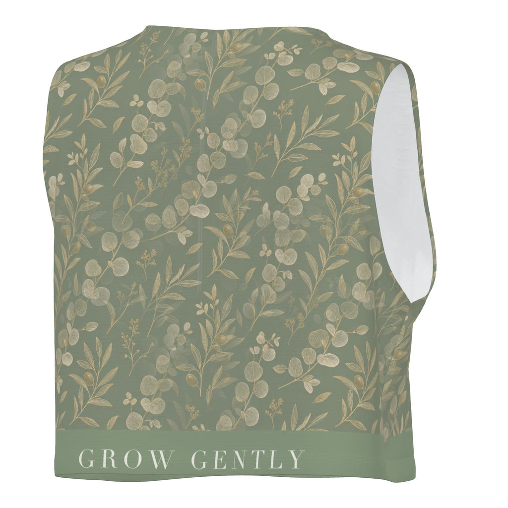 Eucalyptus Gold crop tank, back view with GROW GENTLY on the hem band