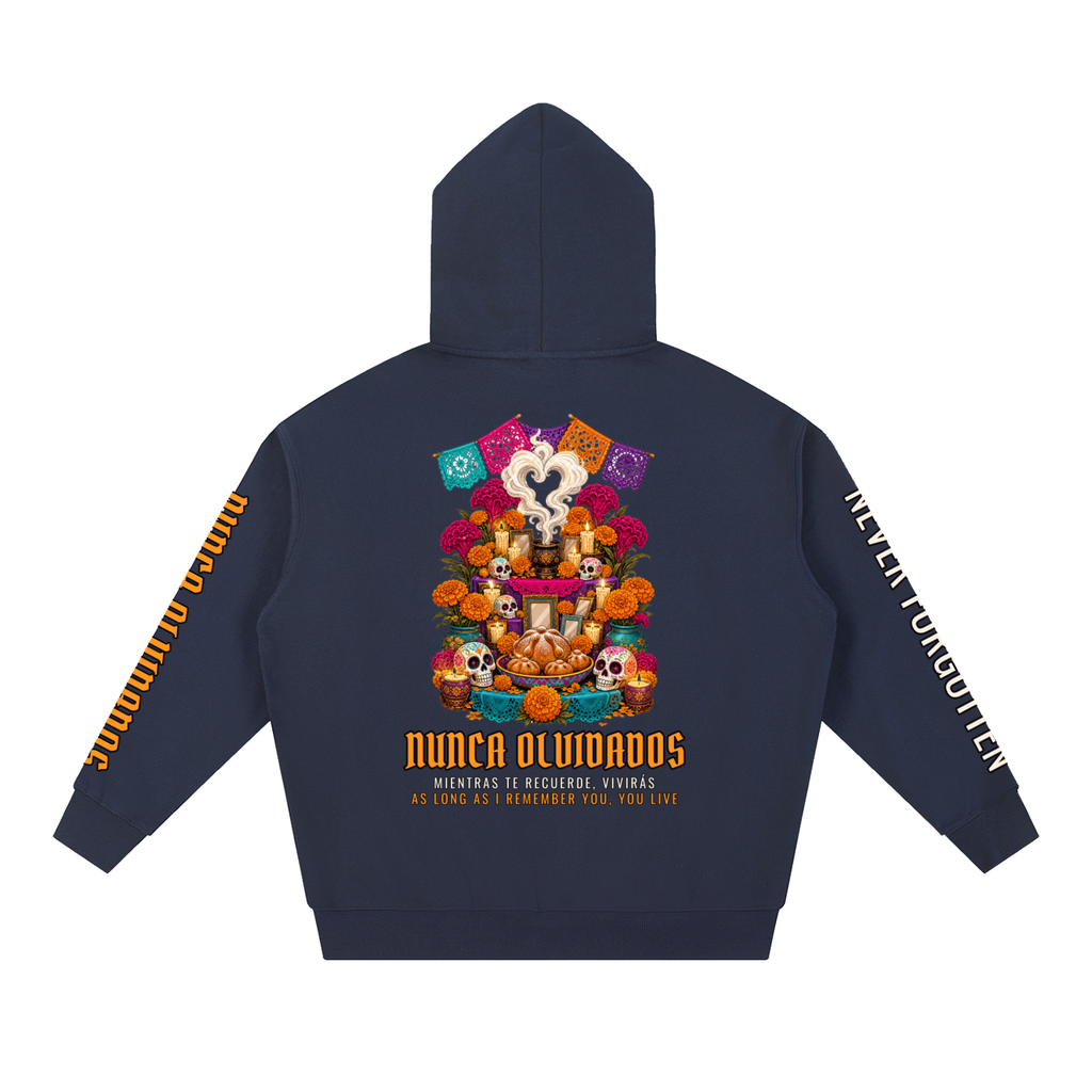 Nunca Olvidados Hoodie | Ofrenda Altar Día de los Muertos Graphic Hoodie, Back & Sleeve Print