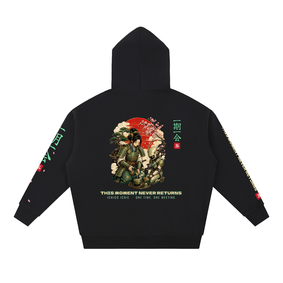 Ichigo Ichie Hoodie | Samurai Tea Ceremony Mecha Japanese Graphic Hoodie, Back & Sleeve Print